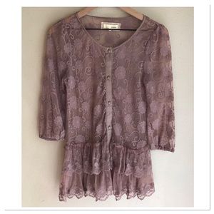 A’reve Sheer Floral Embroidered Blouse Tiered Ruffle Hem Mauve Size Medium